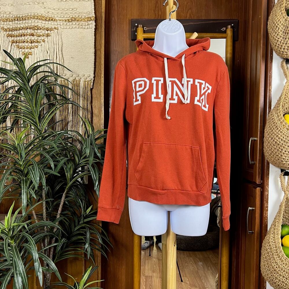 PINK Victoria’s Secret Hoodie Small Red Orange Lightweight Varsity Pullover